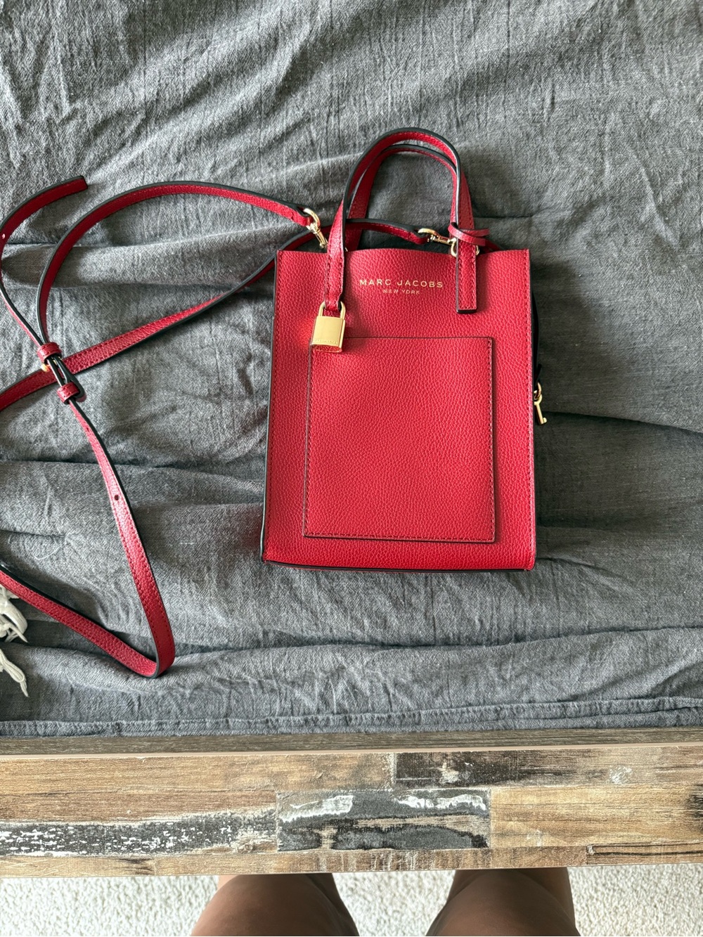 Marc Jacobs Red Pebbled Leather Crossbody Tote with Gold Hardware